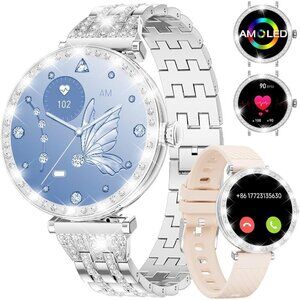 ✨ Lige Smart Watch Women Silver Compatible Android iPhone Diamond 2 Straps Watch